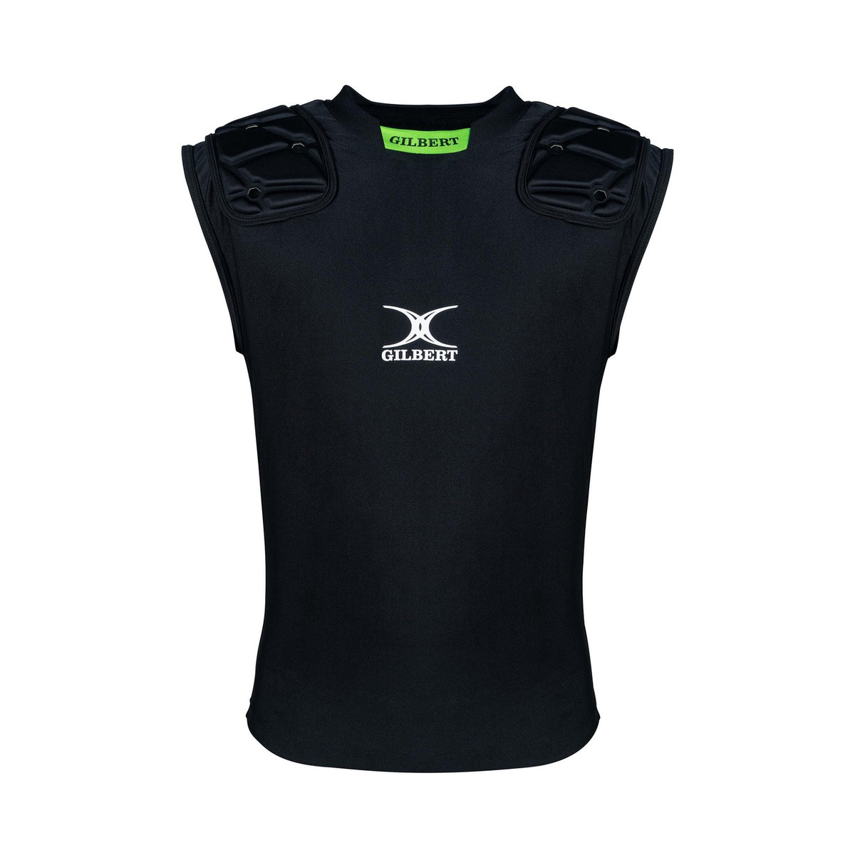 The Gilbert Vapour Vest Body Armour - Senior is a black unisex padded rugby top with protective shoulder pads, white Gilbert logo on the chest, and a green inner collar lining featuring the black Gilbert brand name.