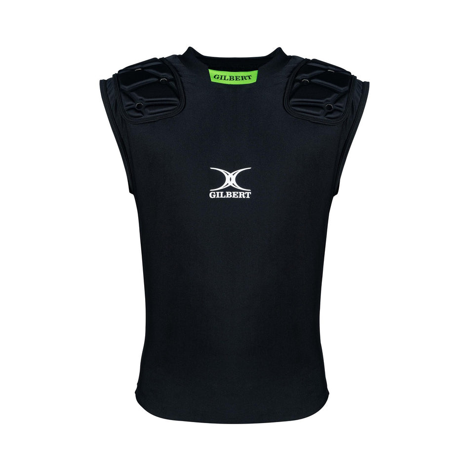 The Gilbert Vapour Vest Body Armour - Senior is a black unisex padded rugby top with protective shoulder pads, white Gilbert logo on the chest, and a green inner collar lining featuring the black Gilbert brand name.