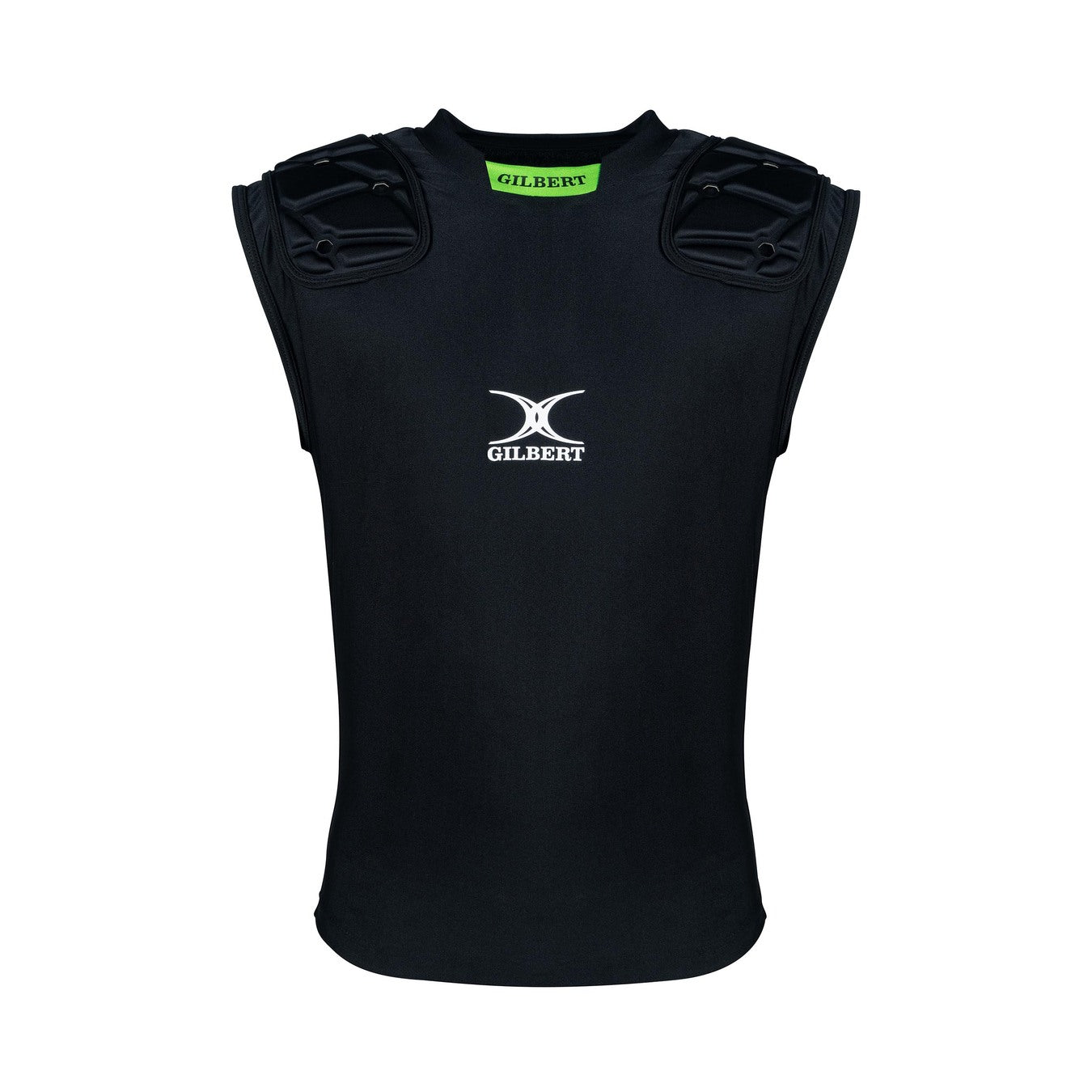 The Gilbert Vapour Vest Body Armour - Senior is a black unisex padded rugby top with protective shoulder pads, white Gilbert logo on the chest, and a green inner collar lining featuring the black Gilbert brand name.