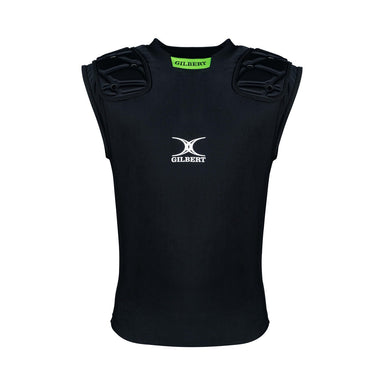 The Gilbert Vapour Vest Body Armour - Senior is a black unisex padded rugby top with protective shoulder pads, white Gilbert logo on the chest, and a green inner collar lining featuring the black Gilbert brand name.