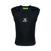 The Gilbert Vapour Vest Body Armour - Senior is a black unisex padded rugby top with protective shoulder pads, white Gilbert logo on the chest, and a green inner collar lining featuring the black Gilbert brand name.