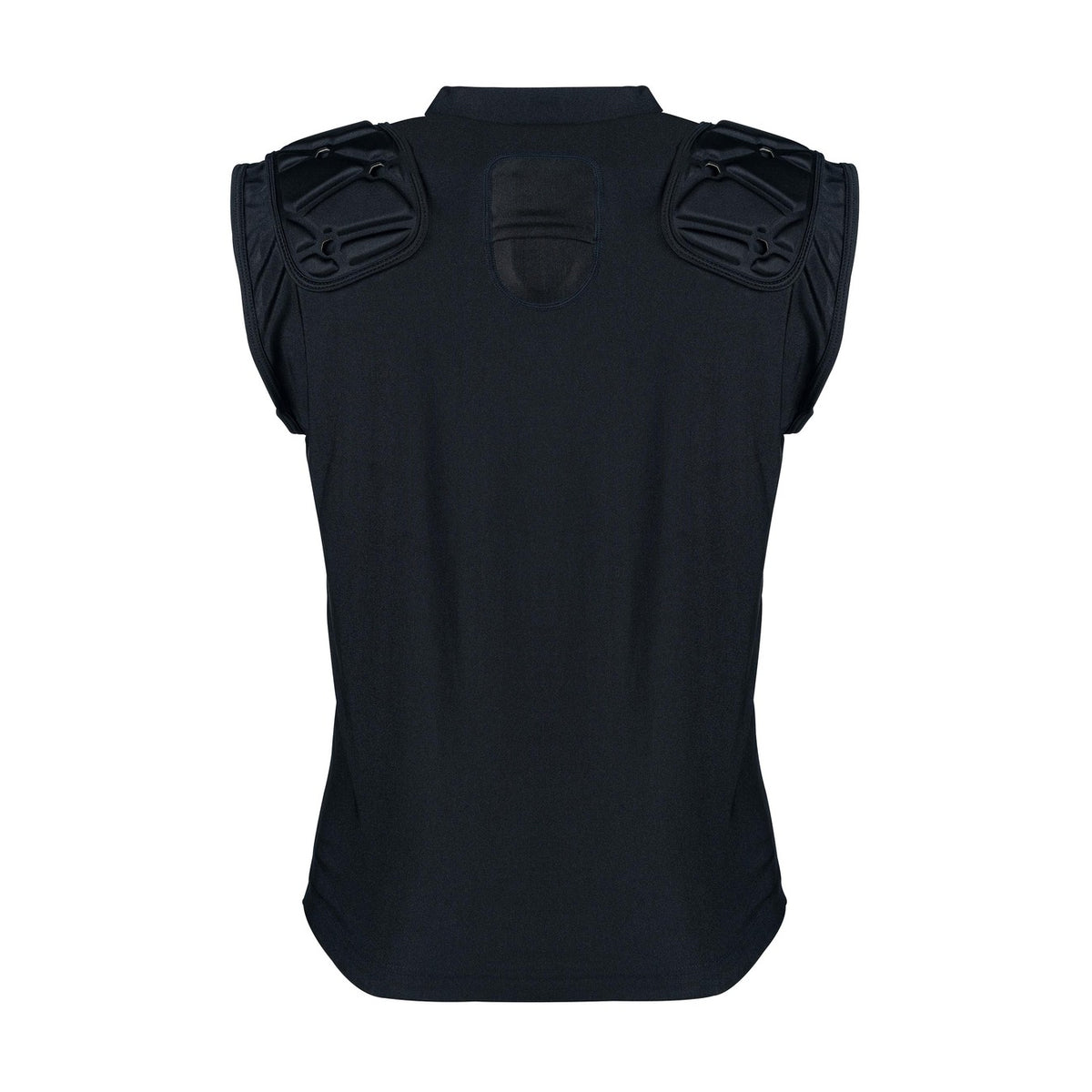 The Gilbert Vapour Vest Body Armour - Senior by Gilbert is displayed from the back, showing black, sleeveless coverage with reinforced padding on the shoulders and upper back for impact absorption. This unisex protective vest stands out against a white background.