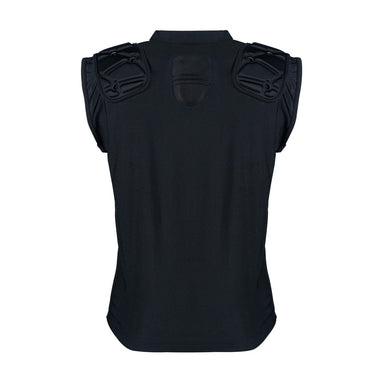 The Gilbert Vapour Vest Body Armour - Senior by Gilbert is displayed from the back, showing black, sleeveless coverage with reinforced padding on the shoulders and upper back for impact absorption. This unisex protective vest stands out against a white background.