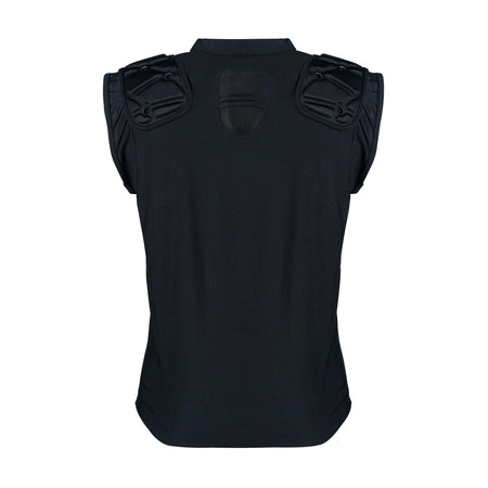 The Gilbert Vapour Vest Body Armour - Junior by Gilbert is shown from the back. This black, sleeveless vest features protective shoulder pads and upper back padding for enhanced impact absorption, ideal for safety or rugby use against a plain white background.