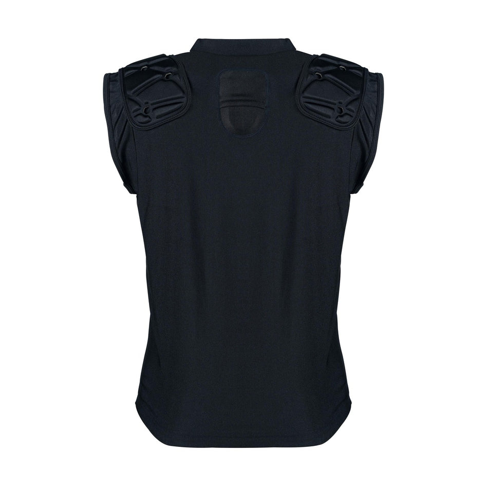 The Gilbert Vapour Vest Body Armour - Junior by Gilbert is shown from the back. This black, sleeveless vest features protective shoulder pads and upper back padding for enhanced impact absorption, ideal for safety or rugby use against a plain white background.