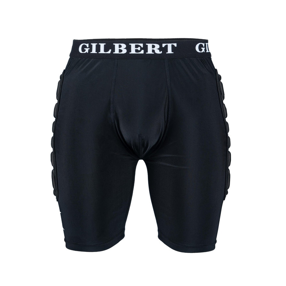 The Gilbert XP25 Protective Shorts - Junior feature black padded sports design with breathable EVA side padding for protection. "Gilbert" is printed in white on the waistband, shown against a white background.