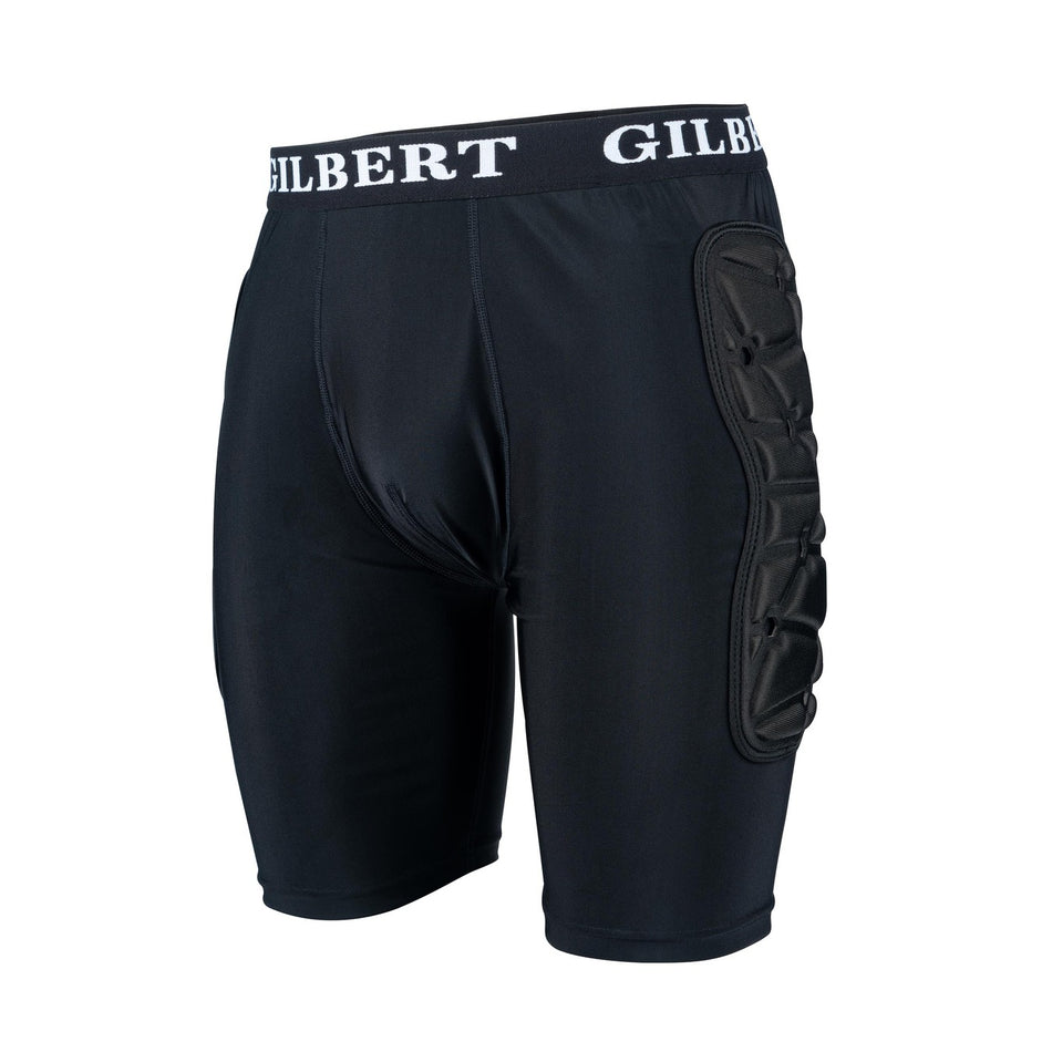 The Gilbert XP25 Protective Shorts - Junior feature breathable EVA padding, extra protection on the right thigh, and "GILBERT" on the waistband. Displayed against a plain white background.