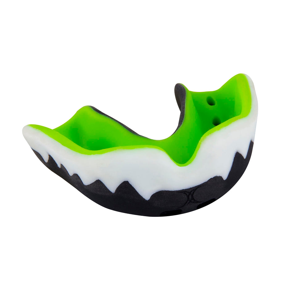 The Gilbert Viper Pro 3 Mouthguard by Gilbert features a black and white design resembling fangs, offers boil-and-bite convenience for protection, and is shown on a white background.