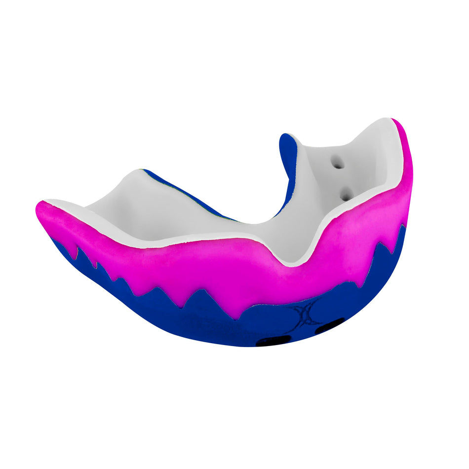 The Gilbert Viper Pro 3 Mouthguard by Gilbert features a navy base, pink jagged stripe, and white interior for optimal protection. Shown on a white background. Color: Navy/Pink.