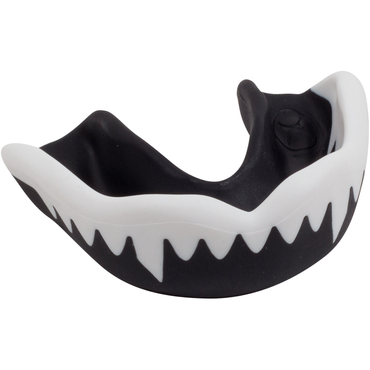 The Gilbert Synergie Viper Mouthguard by Gilbert comes in black and white, with a jagged teeth design along the front—ideal as a rugby mouthguard.
