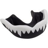 The Gilbert Synergie Viper Mouthguard by Gilbert comes in black and white, with a jagged teeth design along the front—ideal as a rugby mouthguard.