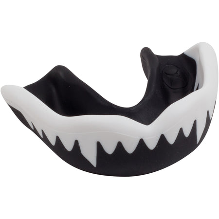 The Gilbert Synergie Viper Mouthguard by Gilbert comes in black and white, with a jagged teeth design along the front—ideal as a rugby mouthguard.
