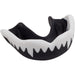 The Gilbert Synergie Viper Mouthguard by Gilbert comes in black and white, with a jagged teeth design along the front—ideal as a rugby mouthguard.
