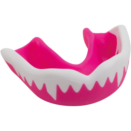 The Gilbert Synergie Viper Mouthguard by Gilbert features a pink and white jagged, tooth-like design. Shown on a white background, this boil and bite mouthguard offers stylish protection for rugby players.