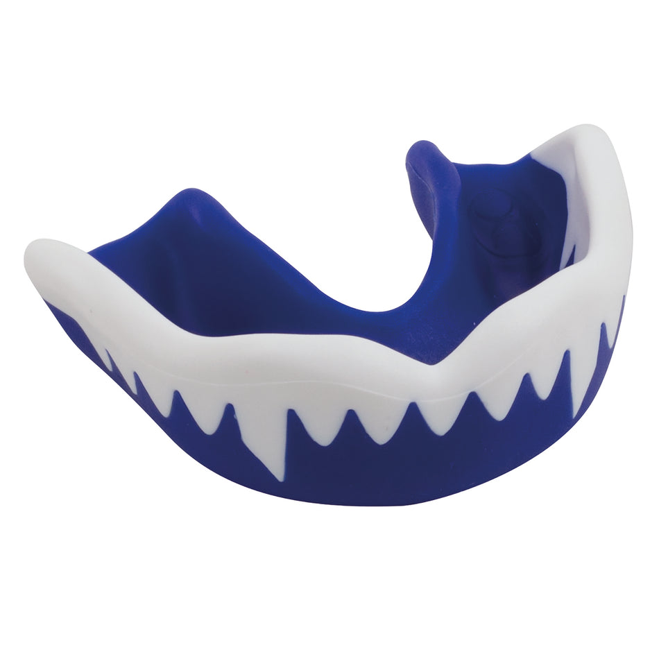 The Gilbert Synergie Viper Mouthguard by Gilbert is a blue/white boil-and-bite rugby mouthguard featuring a sharp, pointed teeth design along the front edge.