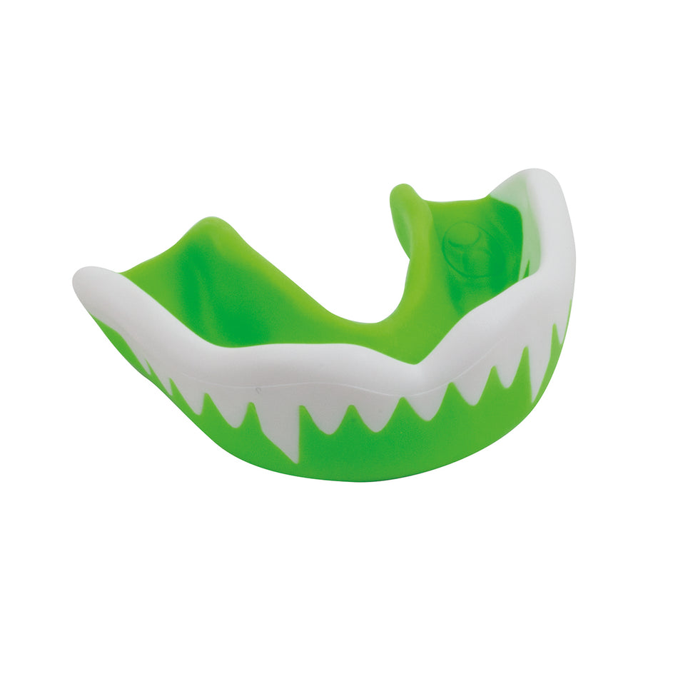 The Gilbert Synergie Viper Mouthguard by Gilbert features a green and white color scheme with jagged teeth design, perfect for rugby protection and easy boil-and-bite fit—shown against a white background.