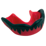 The Gilbert Synergie Viper Mouthguard by Gilbert features a red and black color scheme with jagged black edging that resembles sharp fangs.