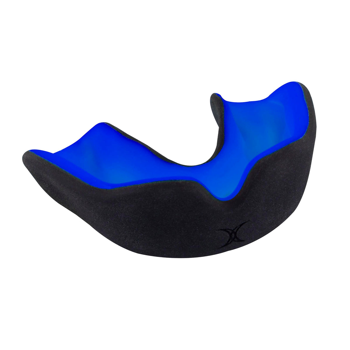 A close-up of the Gilbert XBrace Dual Density Mouthguard by Gilbert in black/blue, designed to protect teeth and gums during sports, shown on a white background.