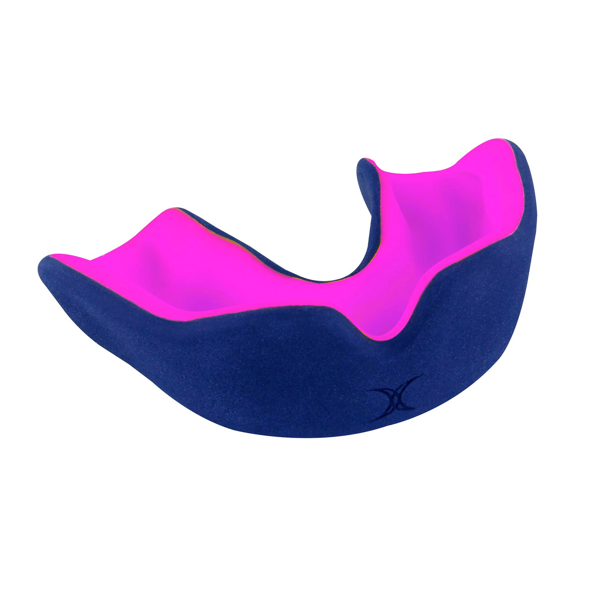The Gilbert XBrace Dual Density Mouthguard by Gilbert, shown in navy/pink against a white background, is designed to protect teeth during sports activities.