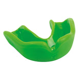 The Gilbert Academy Mouthguard by Gilbert comes in Fluo Green, is designed for sports protection, fits over the upper teeth, and features a boil and bite design for a custom fit—ideal for rugby.