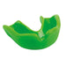 The Gilbert Academy Mouthguard by Gilbert comes in Fluo Green, is designed for sports protection, fits over the upper teeth, and features a boil and bite design for a custom fit—ideal for rugby.