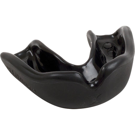 The black Gilbert Academy Mouthguard by Gilbert, featuring a contoured design and durable plastic material, is shown on a white background—perfect for rugby players seeking reliable protection.