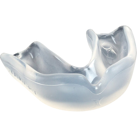 The Gilbert Academy Mouthguard by Gilbert is a clear, boil and bite mouthguard designed to fit over upper teeth, commonly used for sports protection.