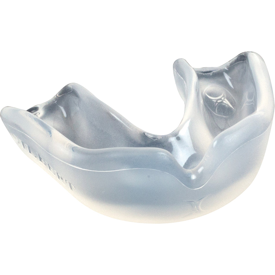 The Gilbert Academy Mouthguard by Gilbert is a clear, boil and bite mouthguard designed to fit over upper teeth, commonly used for sports protection.