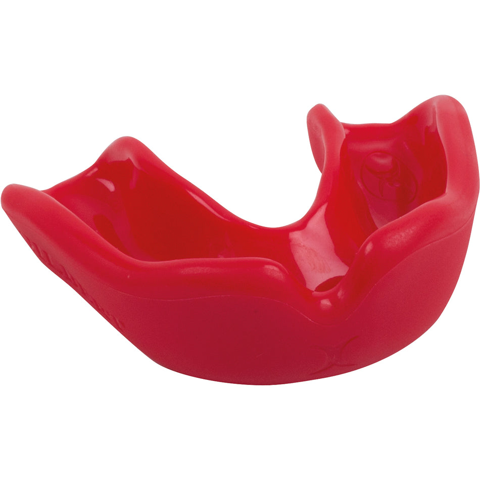 The Gilbert Academy Mouthguard by Gilbert is a red boil and bite mouthguard designed to protect teeth and gums, shown angled to feature its curved shape and molded interior.