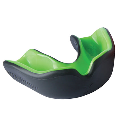 Close-up of the Gilbert Virtuo Dual Density Mouthguard by Gilbert, featuring a black/green design to protect teeth and help prevent concussions during sports.
