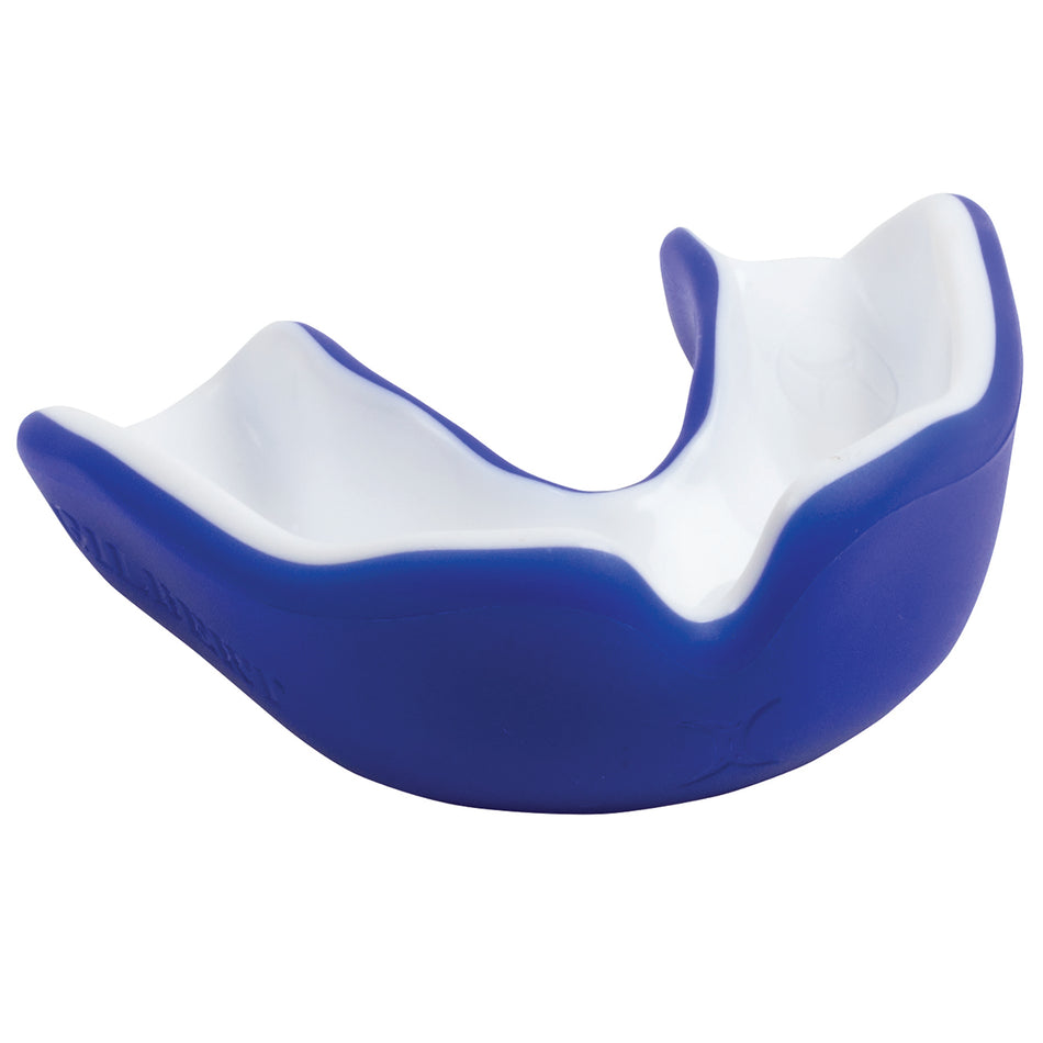 A close-up of the Gilbert Virtuo Dual Density Mouthguard in blue/white, designed for concussion protection and typically used in sports to safeguard teeth and gums.