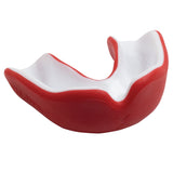 The Gilbert Virtuo Dual Density Mouthguard, in red/white, provides advanced concussion protection. The front view highlights its sturdy red outer layer and white inner section for sports safety.