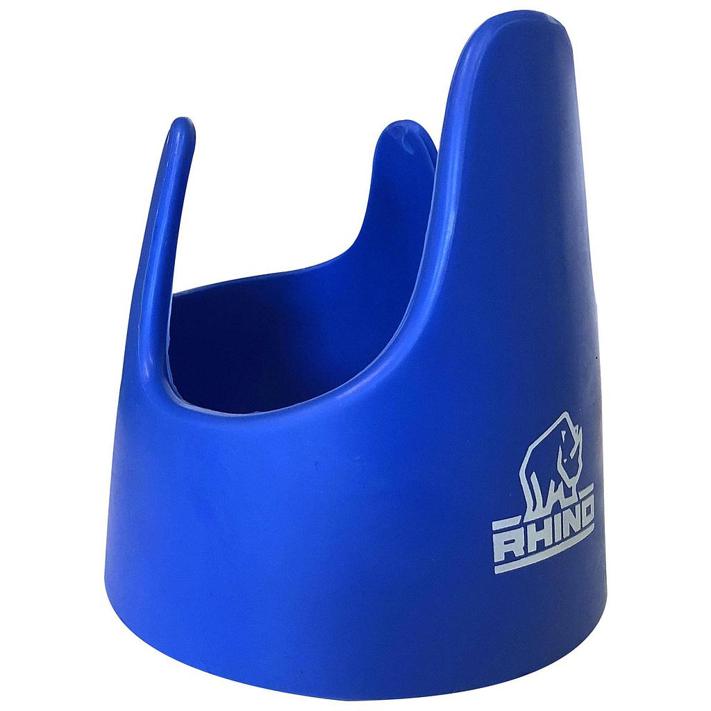 The Rhino Crown Kicking Tee is a blue, durable rubber rugby kicking tee with high supports and fixed height, featuring the white Rhino logo with a rhinoceros on the side.