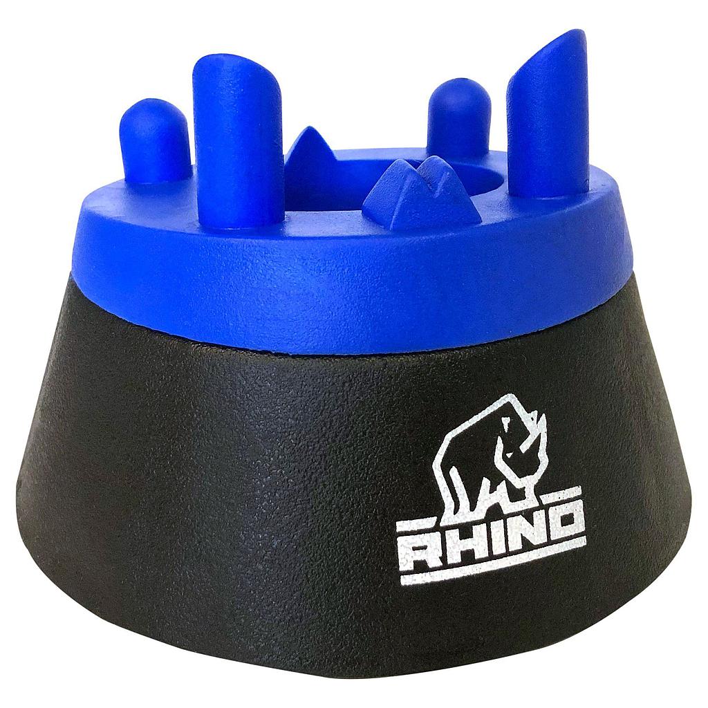The Rhino Screw-in Kicking Tee by Rhino is a black and blue adjustable rubber tee with multiple uprights on top and a white Rhino logo with a rhinoceros on the side.