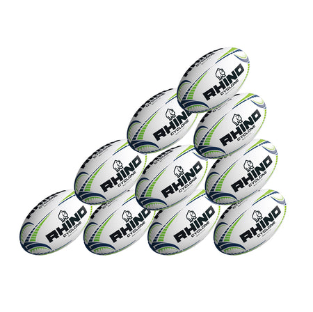 The Rhino Cyclone Rugby Ball Ten Pack features ten white balls with blue and green accents, all displaying the Rhino logo—perfect for training sessions.