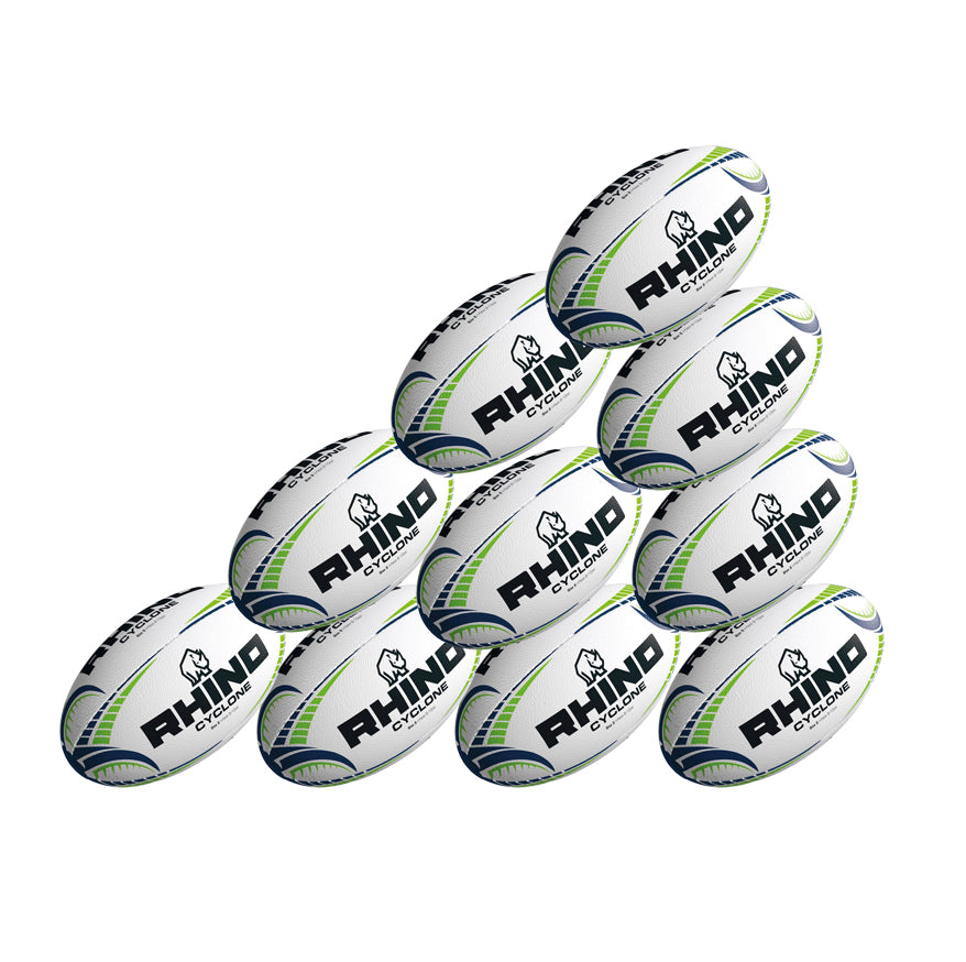 The Rhino Cyclone Rugby Ball Ten Pack features ten white balls with blue and green accents, all displaying the Rhino logo—perfect for training sessions.