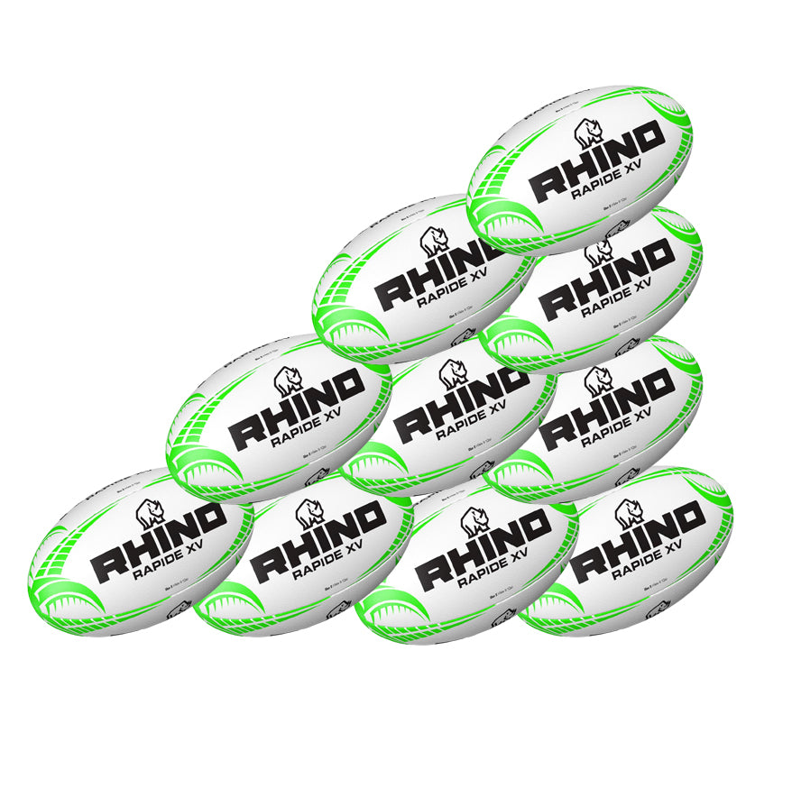 A ten-pack pyramid stack of Rhino Rapide XV Rugby Balls, each durable white ball with green accents, RHINO RAPIDE XV text, and rhino logo—ideal for training.
