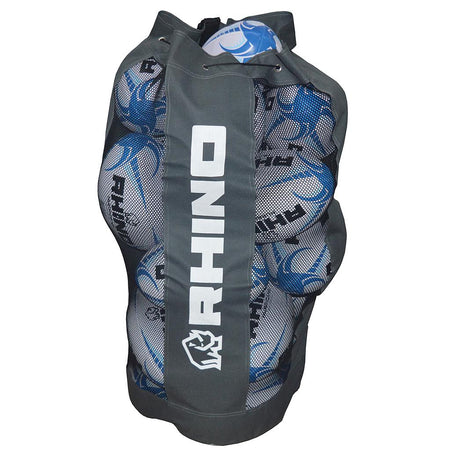 A spacious gray Rhino Ball Bag by Rhino holds several white and blue training and match balls, featuring the Rhino logo and name on the front.