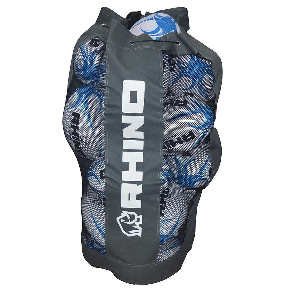 A spacious gray Rhino Ball Bag by Rhino holds several white and blue training and match balls, featuring the Rhino logo and name on the front.