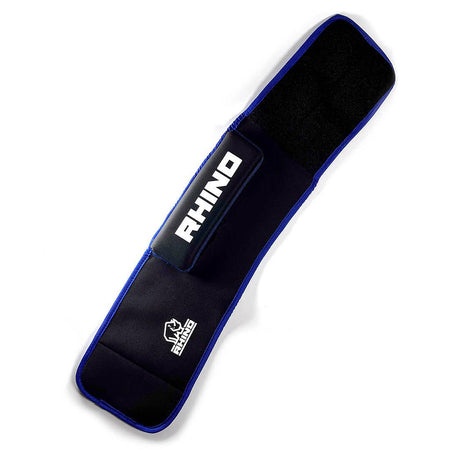 The Rhino Pro Lifting Pads by Rhino feature black and blue neoprene elasticated fabric, white RHINO branding on the strap, and a white rhino logo at the end—ideal for training sessions.