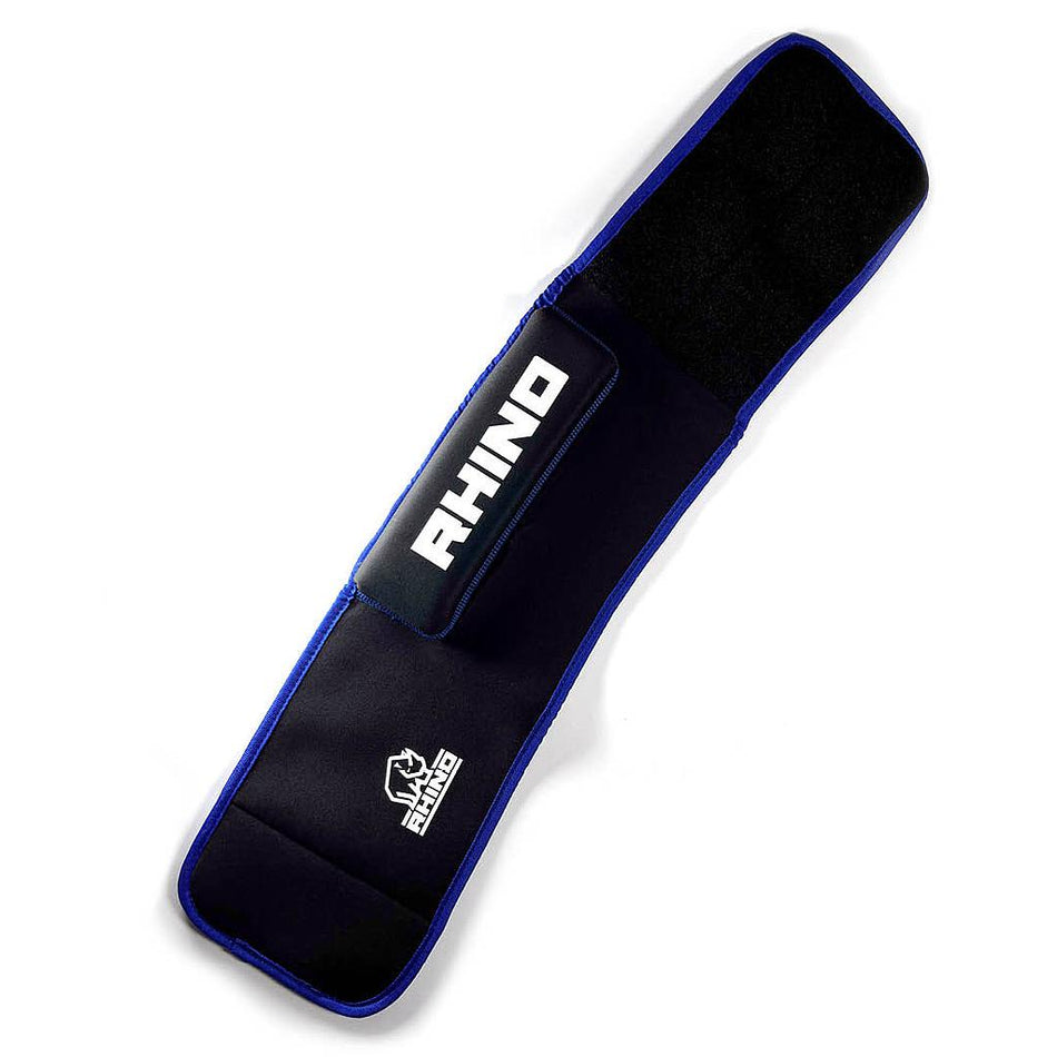 The Rhino Pro Lifting Pads by Rhino feature black and blue neoprene elasticated fabric, white RHINO branding on the strap, and a white rhino logo at the end—ideal for training sessions.