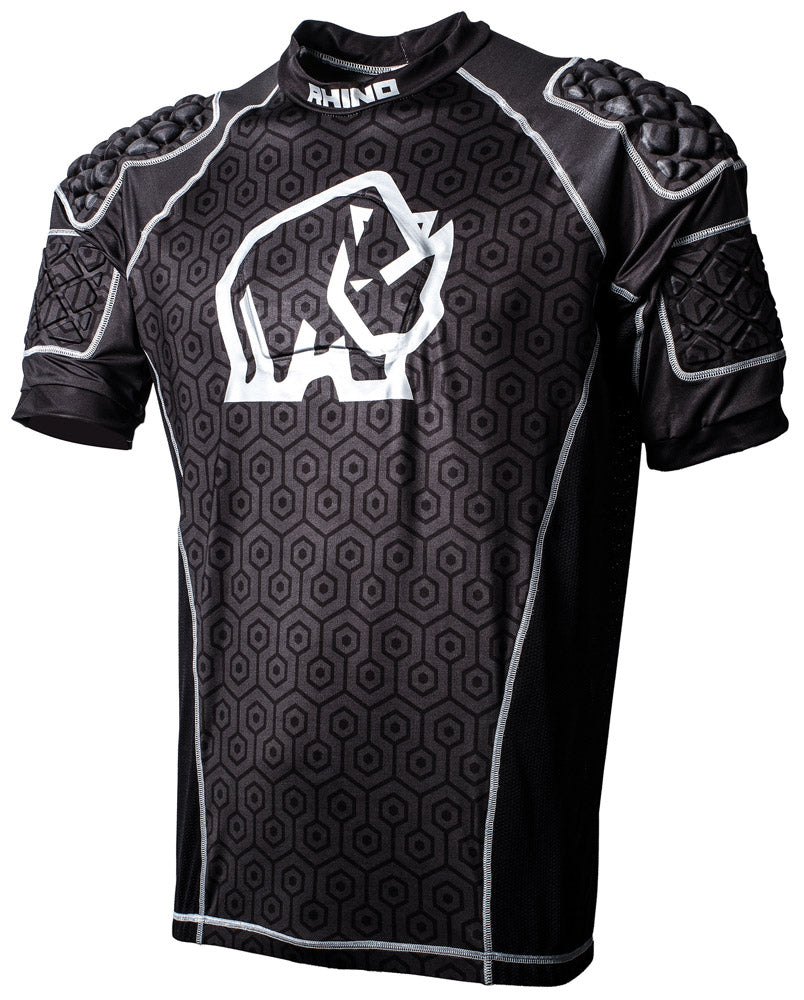 The Rhino Pro Body Protection Top Adult by Rhino features black EVA-padded, hexagon-patterned panels, rugby body armour on shoulders/sleeves, white trim, and a bold rhino logo on the chest. "RHINO" appears on the collar.