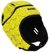 The Rhino Pro Head Guard Adult by Rhino is a lightweight yellow rugby scrum cap with a hexagonal pattern, black trim, and "RHINO" on the front. Made from closed cell foam, it has ventilation holes and a chin strap for secure protection.