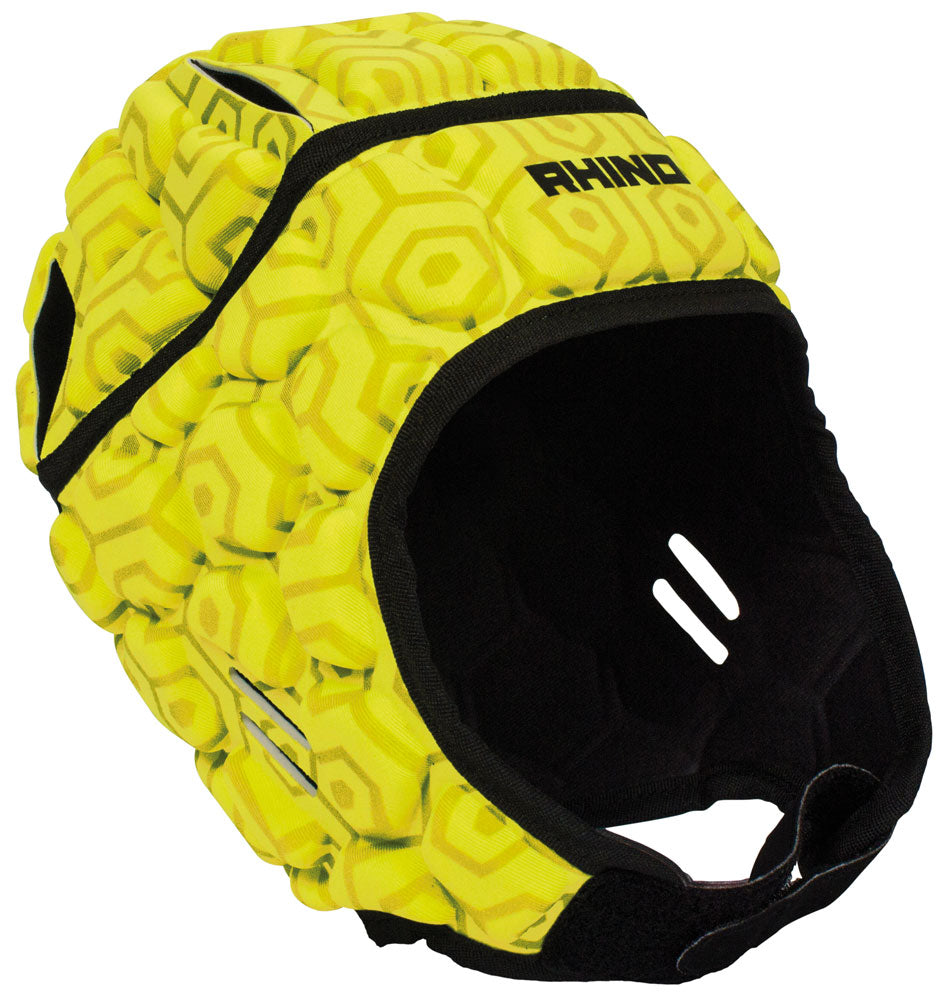 The Rhino Pro Head Guard Junior is a yellow padded rugby scrum cap with black trim, hexagonal pattern, ventilation holes, adjustable chin strap, closed cell foam for protection, and the Rhino brand printed on the front.