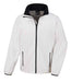 The Result Soft Shell Umpire Jacket by Result features a white zip-up design with black trim, high collar, black zipper, two front zippered pockets, and elastic cuffs. Displayed against a plain white background.
