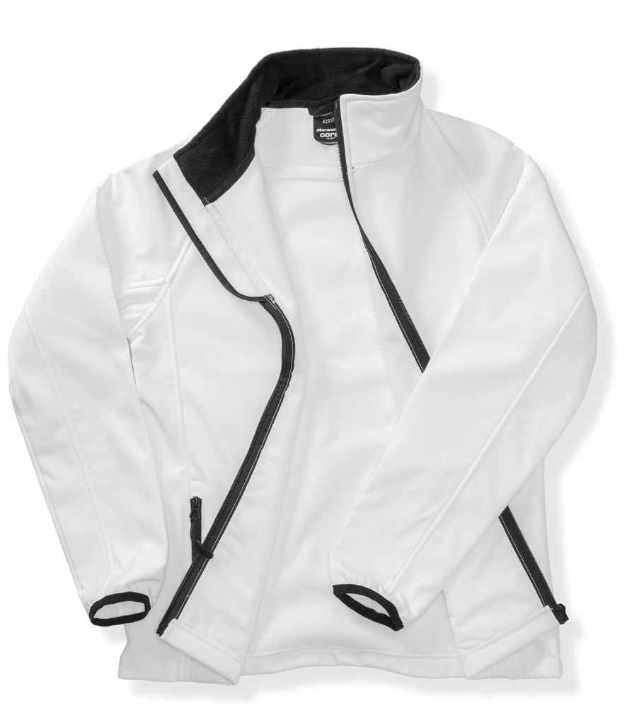 The Result Soft Shell Umpire Jacket by Result is a white zip-up jacket with black zippers, a high collar, and thumb holes at the cuffs, shown laid flat on a white background.