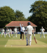 Wearing the Result Soft Shell Umpire Jacket by Result, a cricket umpire raises one finger to signal a decision as the batsman stands at the crease, with fielders and a pavilion visible in the sunny background.