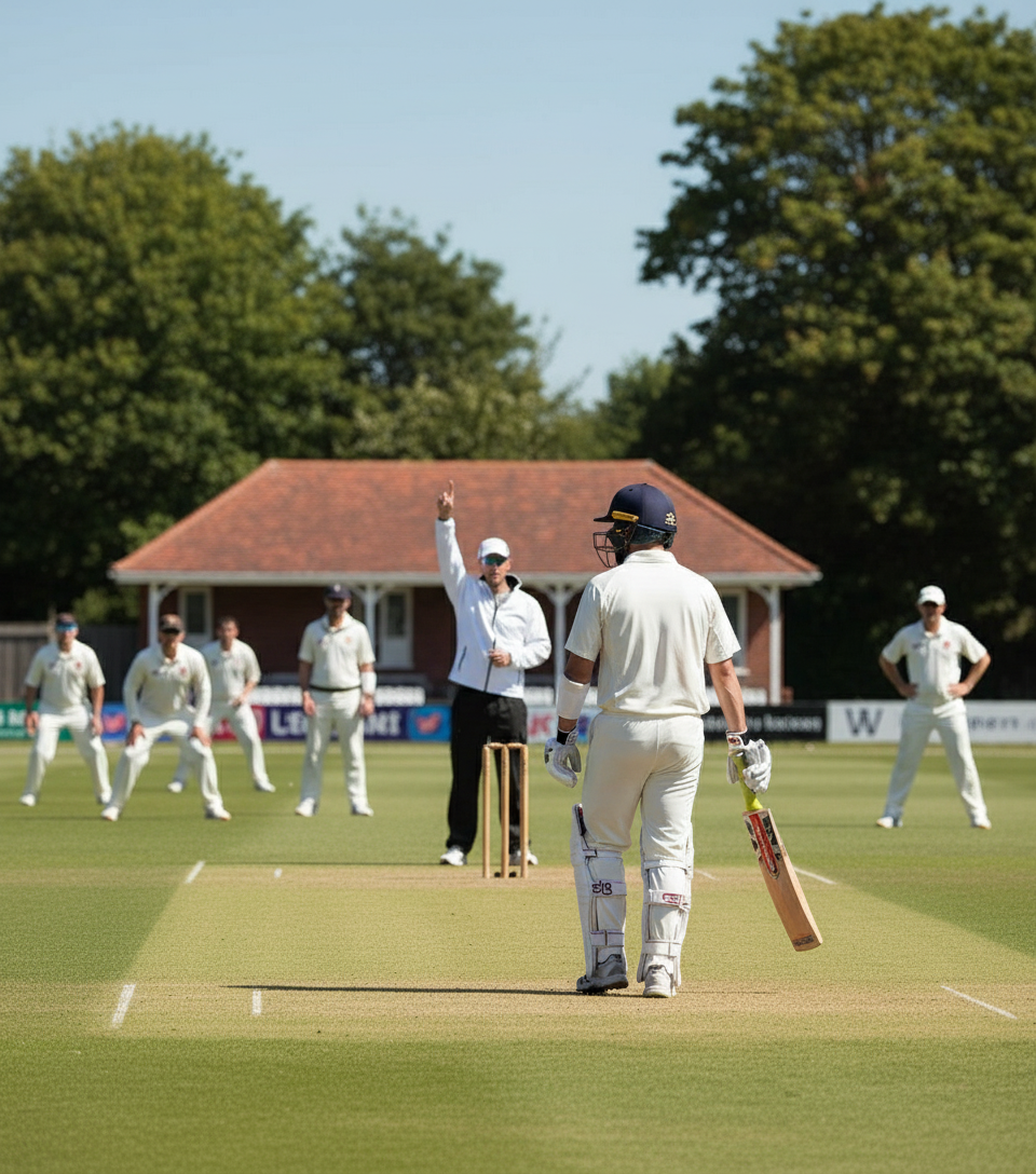 Wearing the Result Soft Shell Umpire Jacket by Result, a cricket umpire raises one finger to signal a decision as the batsman stands at the crease, with fielders and a pavilion visible in the sunny background.