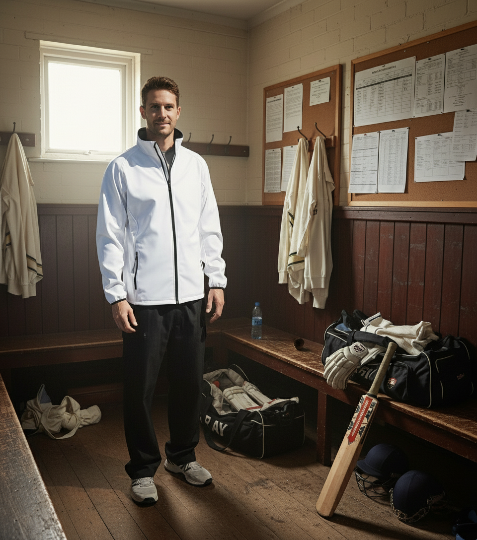 A man wearing the Result Soft Shell Umpire Jacket by Result and black pants stands in a locker room with gear bags, uniforms, a bat, and helmets. The room has wooden benches, board walls, and papers pinned to a bulletin board.
