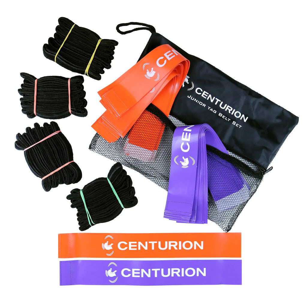 The Centurion Junior Rugby Tag Set by Centurion features black belts, orange and purple tags, and a black mesh storage bag, arranged neatly on a white background for child rugby training.